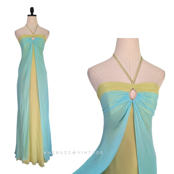 Vintage Prom Dress Maxi Gown 2P Blue Yellow Y2K Silk Fairy Babydoll Empire Split - Picture 1 of 12